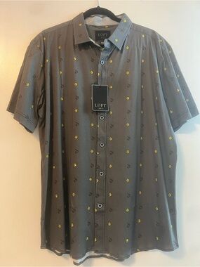 NWT Loft 604 Men’s XL Gray Cheese & Mouse Print Knit Designer Button-Up Shirt